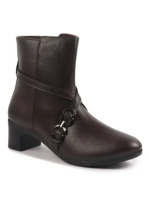 Women Brown High Ankle Elegant Slip On Winter Boots|Flared Heel Casual Shoes for Work|Office