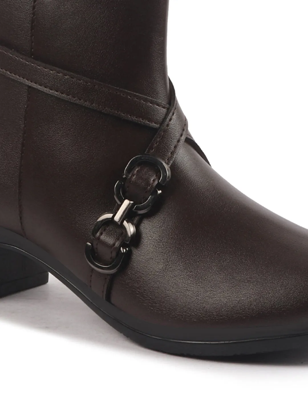 Women Brown High Ankle Elegant Slip On Winter Boots|Flared Heel Casual Shoes for Work|Office