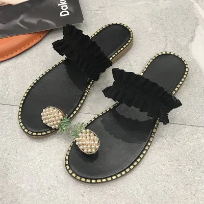 Women Flats Slippers Summer Casual Flip Flops Flowers Pearl