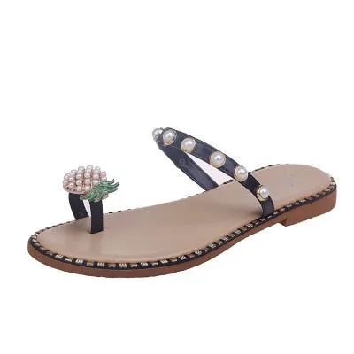 Women Flats Slippers Summer Casual Flip Flops Flowers Pearl