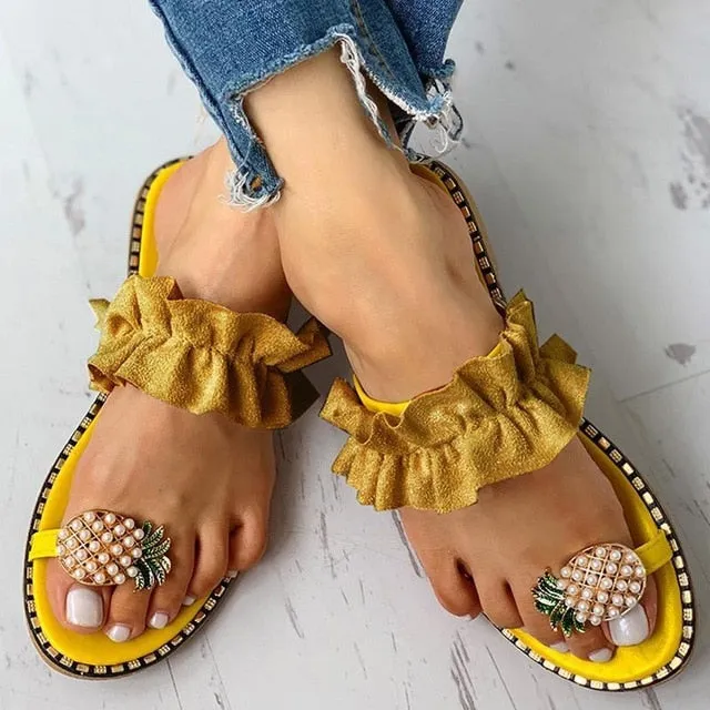 Women Flats Slippers Summer Casual Flip Flops Flowers Pearl