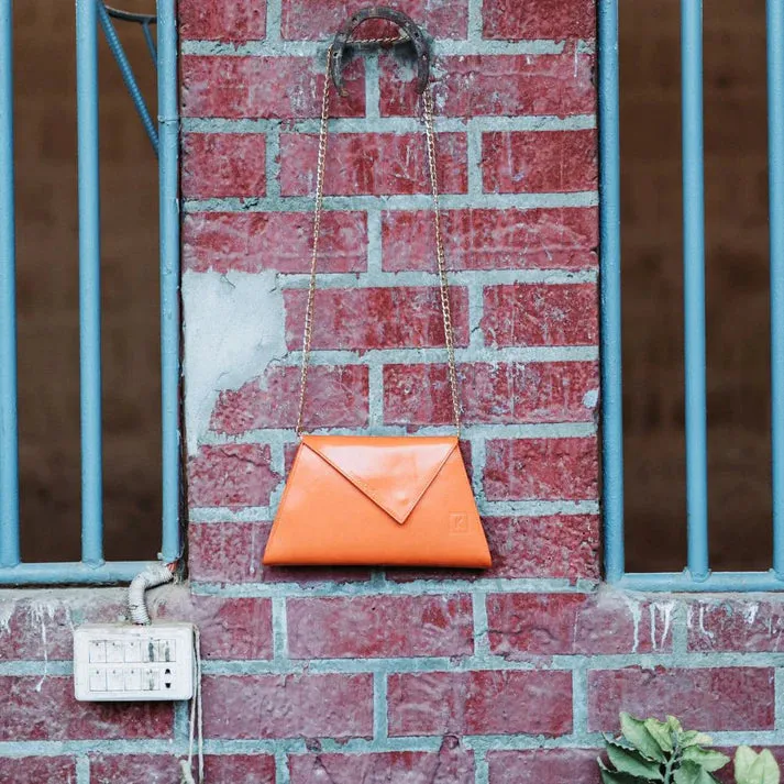 Womens Orange Leather Clutch Bag Envelope Style Crossbody