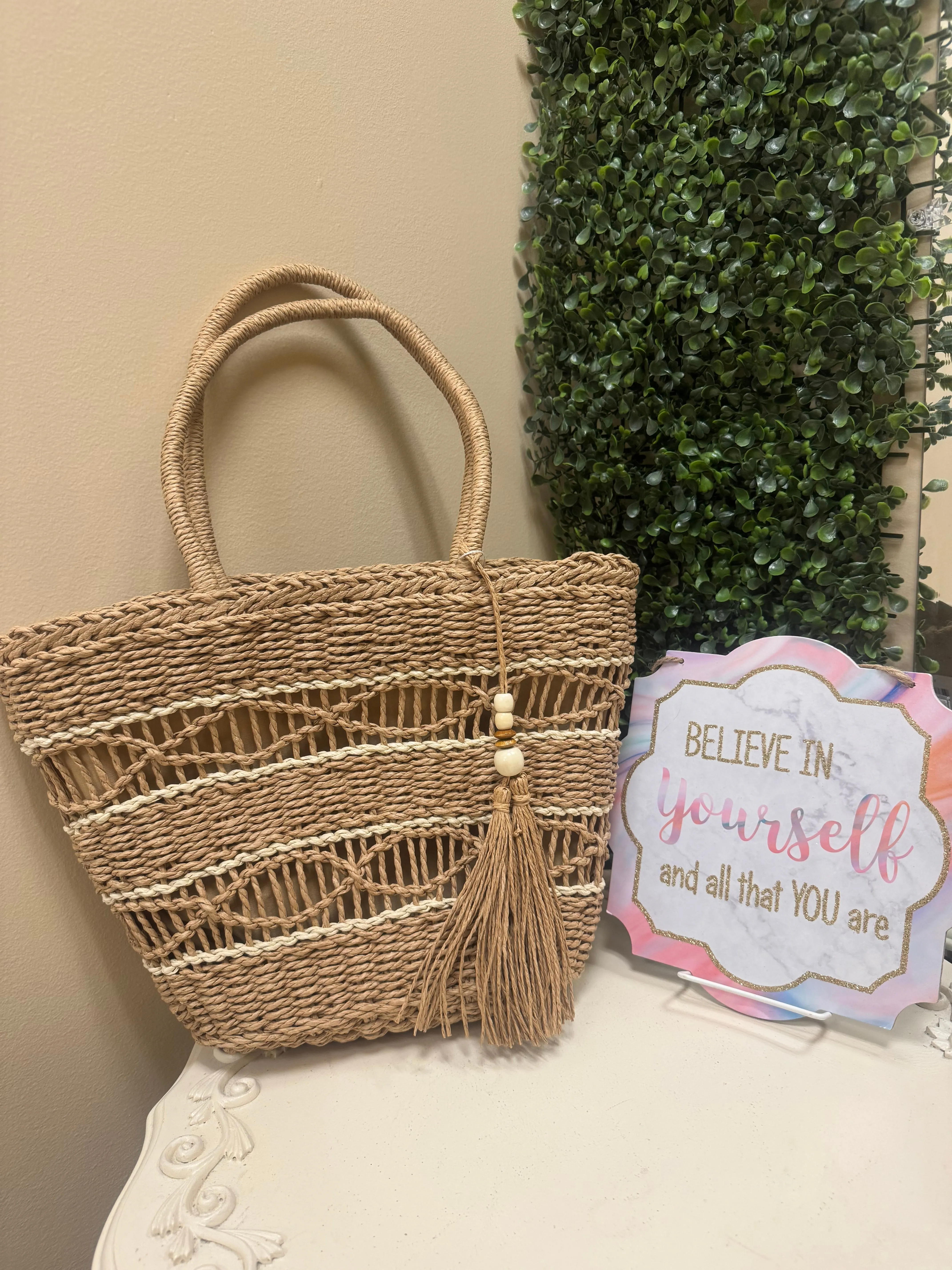 Woven Tassel Top Handle Tote Bag