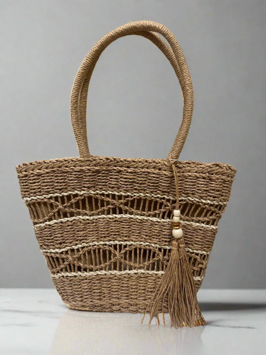 Woven Tassel Top Handle Tote Bag