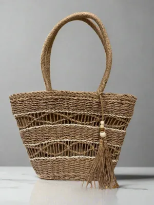 Woven Tassel Top Handle Tote Bag