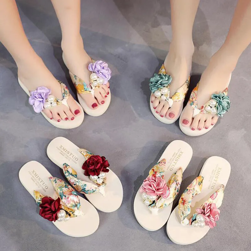 Yeknu summer beach flip flops women&#39;s sandals Handmade flowers casual clip flat sandals slippers outside wearing women&#39;s shoes c587